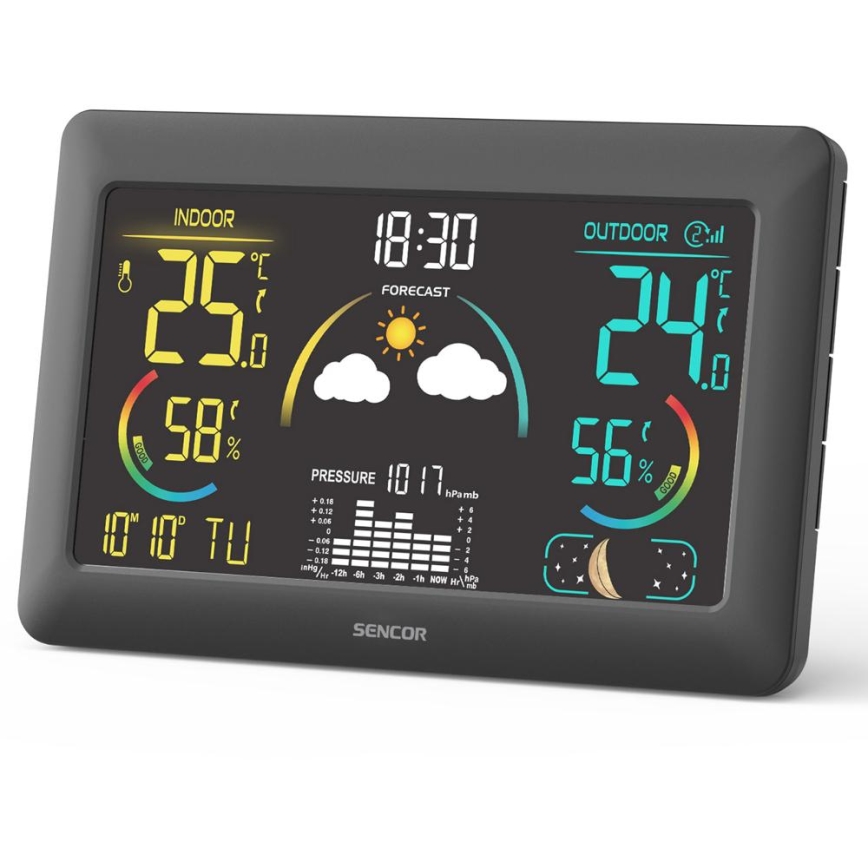 Sencor - Vejrstation m. LCD-farvedisplay og vækkeur 5V 3xAA + 2xAA