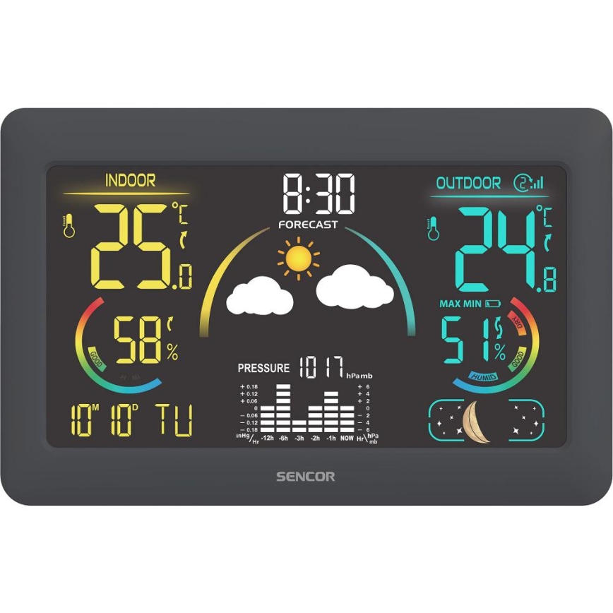 Sencor - Vejrstation m. LCD-farvedisplay og vækkeur 5V 3xAA + 2xAA