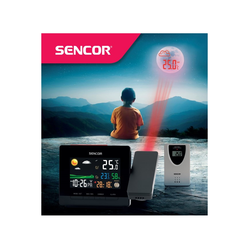 Sencor - Vejrstation med farve LCD display, vækkeur og projektor 2xAA + 2xAAA
