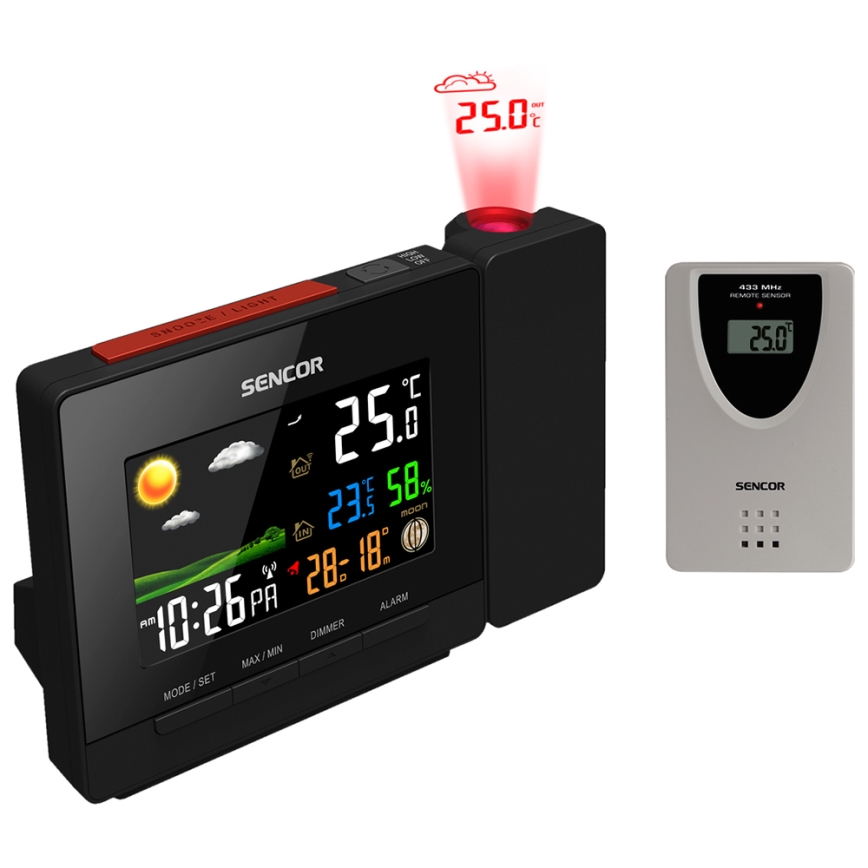 Sencor - Vejrstation med farve LCD display, vækkeur og projektor 2xAA + 2xAAA