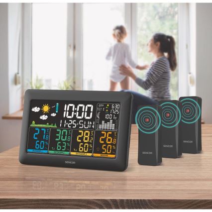 Sencor - Vejrstation med farvet LCD-display + 3 sensorer 3xAA + 6xAA sort