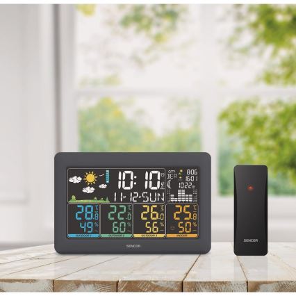 Sencor - Vejrstation med farvet LCD-display + 3 sensorer 3xAA + 6xAA sort