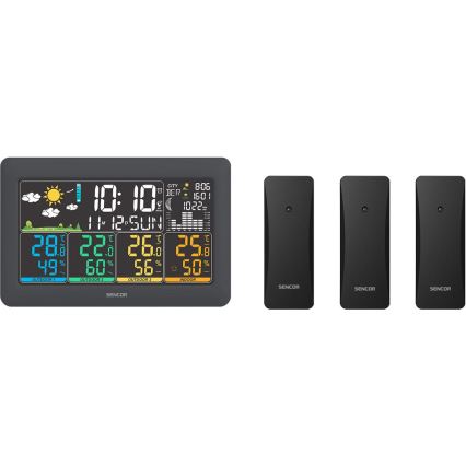 Sencor - Vejrstation med farvet LCD-display + 3 sensorer 3xAA + 6xAA sort