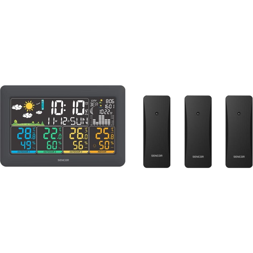 Sencor - Vejrstation med farvet LCD-display + 3 sensorer 3xAA + 6xAA sort
