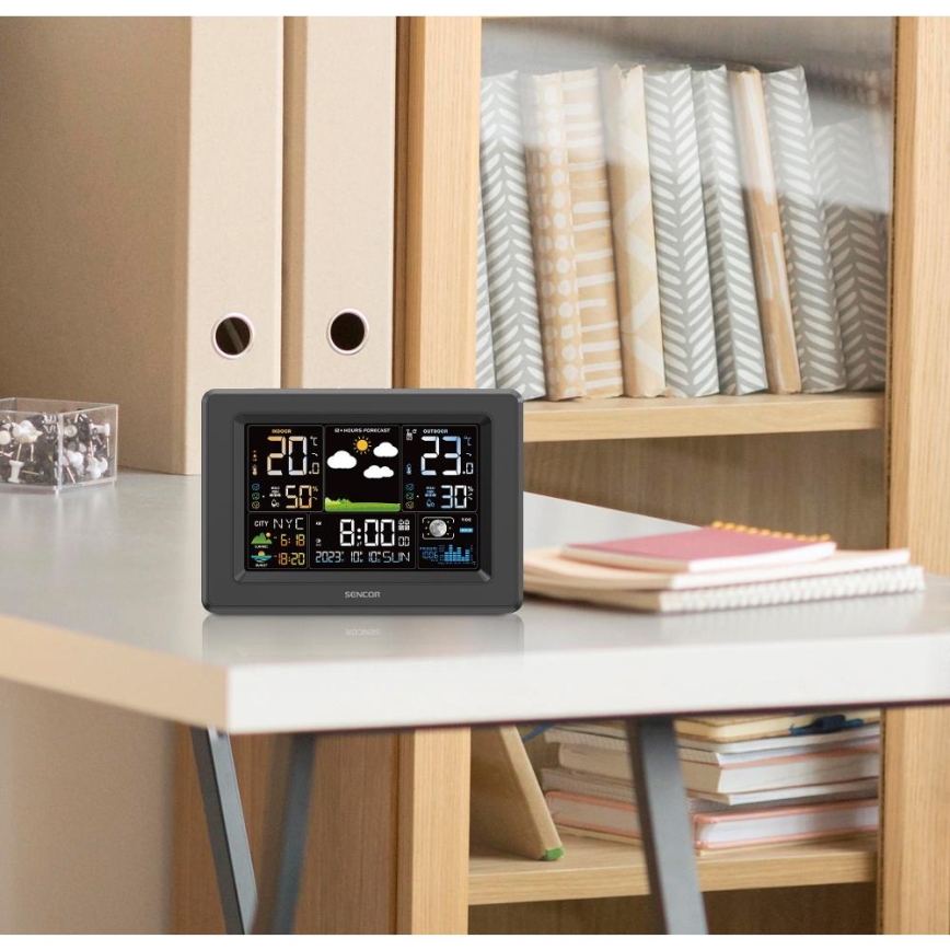Sencor - Vejrstation med farvet LCD-display, 3xAA + 2xAA, sort