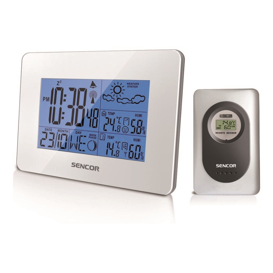 Sencor - Vejrstation med LCD-display og vækkeur 3xAA + 2xAAA hvid