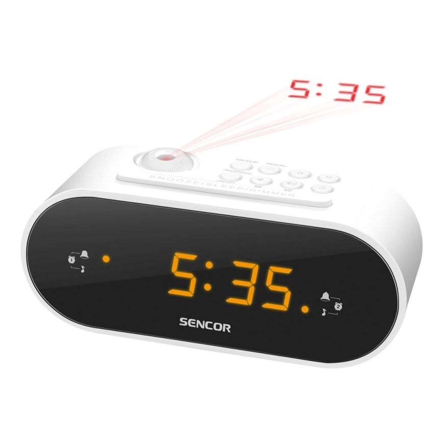 Sencor - Vækkeur med radio + LED-lys display og projektor 5W/230V 1xCR2032 hvid