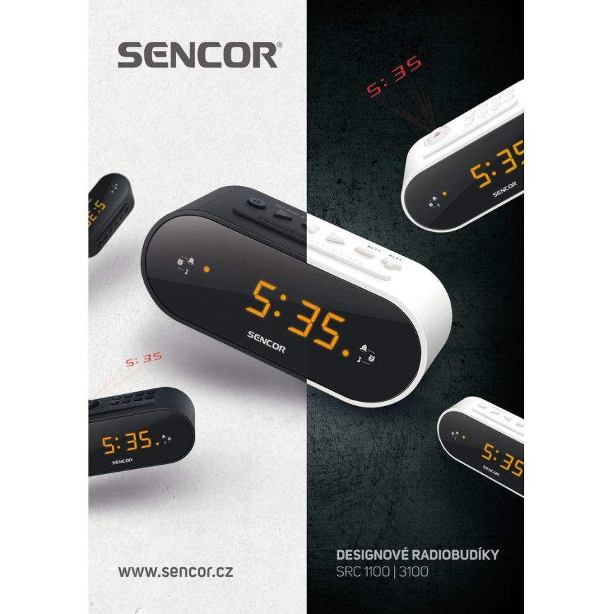 Sencor - Vækkeur med radio + LED-lys display og projektor 5W/230V 1xCR2032 hvid