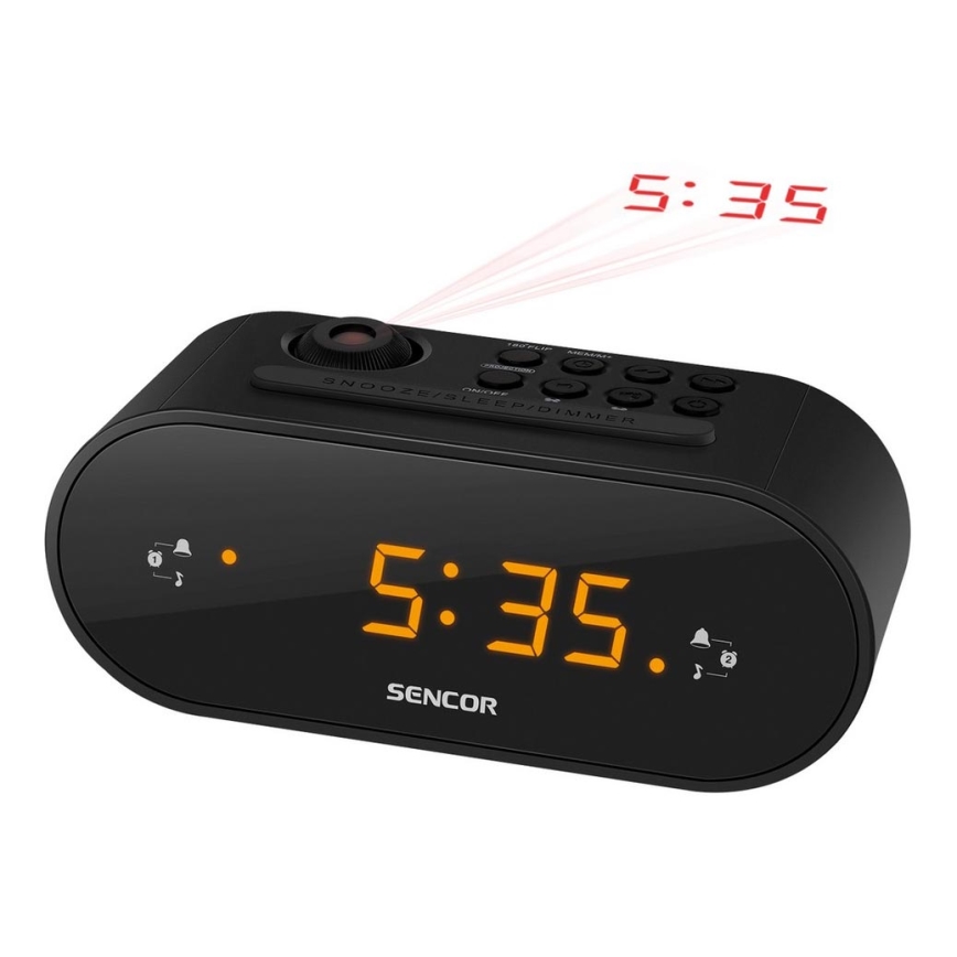 Sencor - Vækkeur med radio + LED-lys display og projektor 5W/230V 1xCR2032 sort