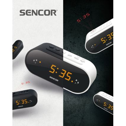 Sencor - Vækkeur med radio + LED-lys display og projektor 5W/230V 1xCR2032 sort