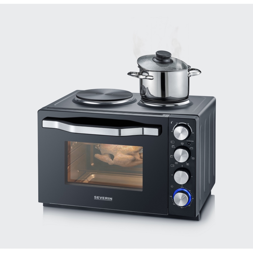 Severin TO 2074 - Varmluftovn med grill og kogeplader, 2500 W/230 V, 30 l, sort