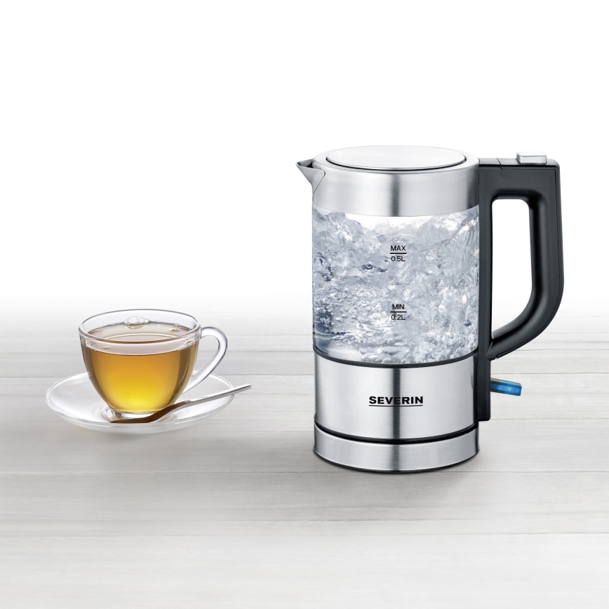 Severin WK 3472 - Hurtigkogende elkedel 0,5 l 1100 W/230 V rustfrit stål/glas