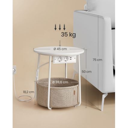 Sidebord med indbyggede stikkontakter og USB-porte NOIRA 45 cm beige/hvid