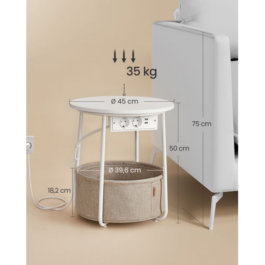 Sidebord med indbyggede stikkontakter og USB-porte NOIRA 45 cm beige/hvid