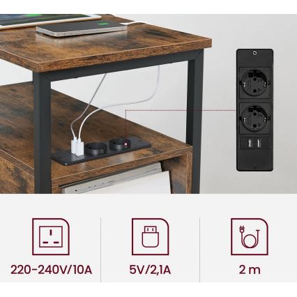 Sidebord med indbyggede stikkontakter og USB-porte ROD brun/sort
