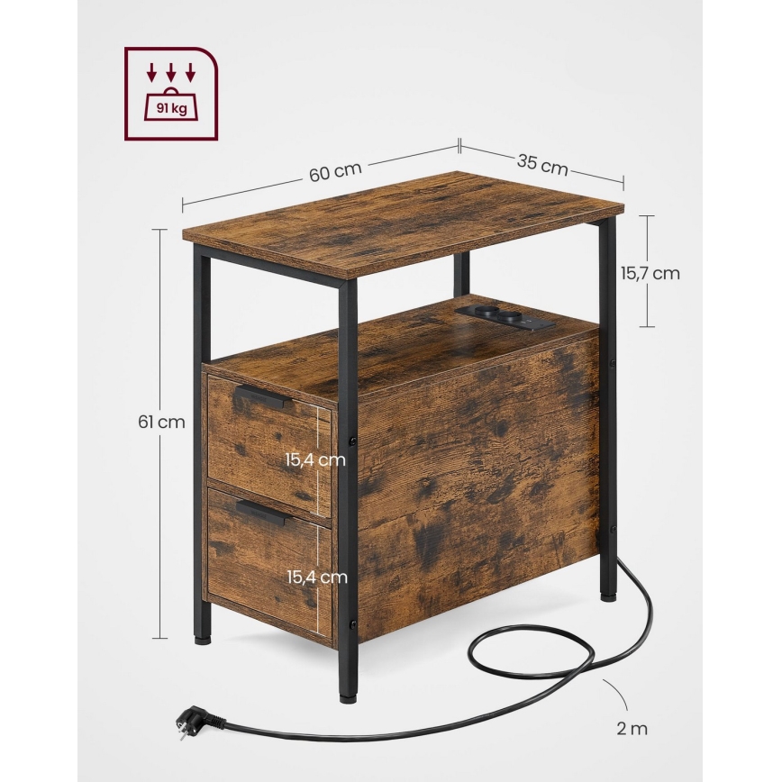 Sidebord med indbyggede stikkontakter og USB-porte ROD brun/sort