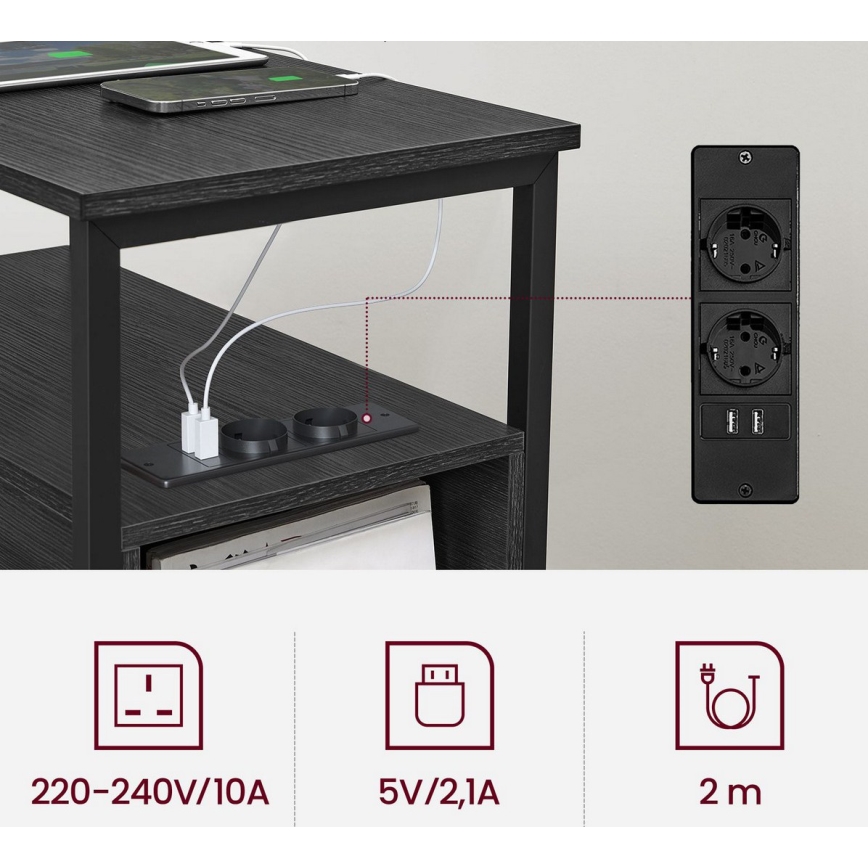 Sidebord med indbyggede stikkontakter og USB-porte ROD sort