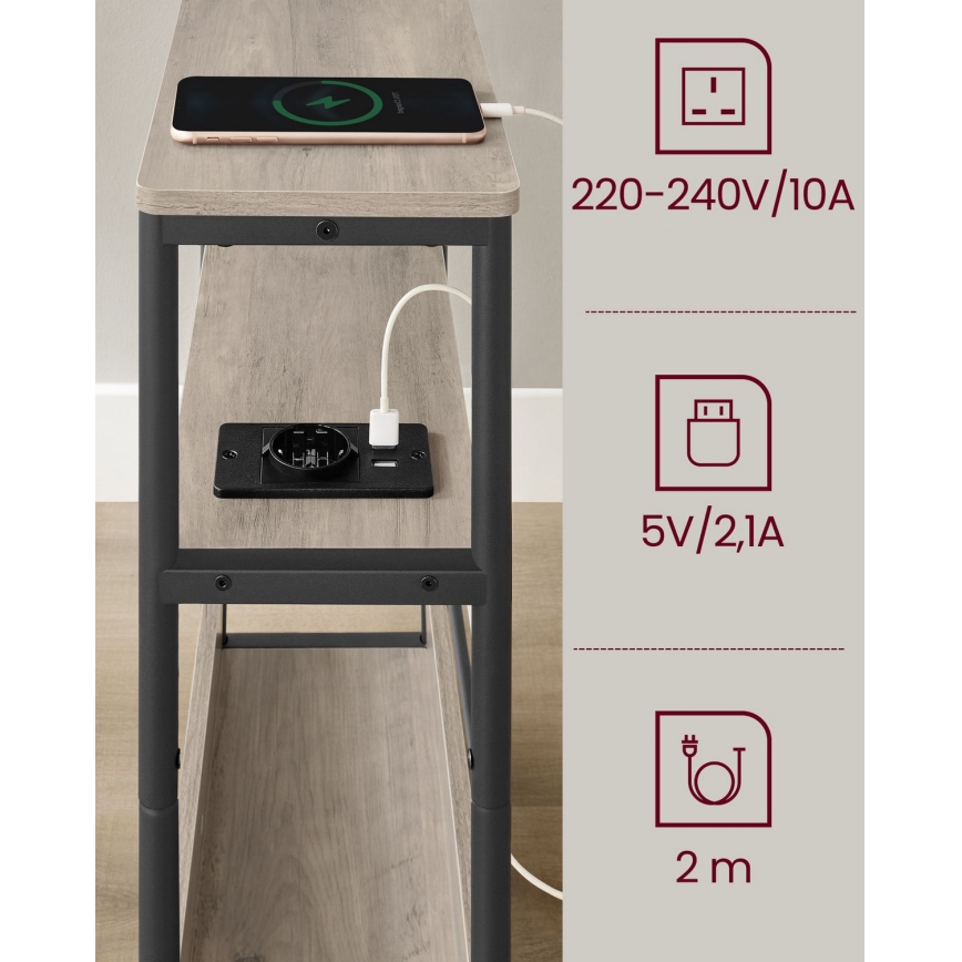 Sidebord ROD med indbygget stikkontakt og USB-porte, brun/sort