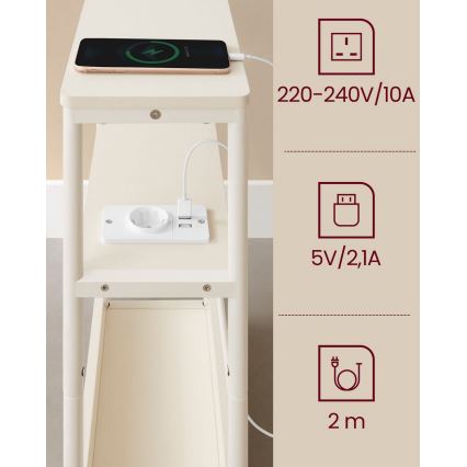 Sidebord ROD med indbygget stikkontakt og USB-porte, hvid/creme