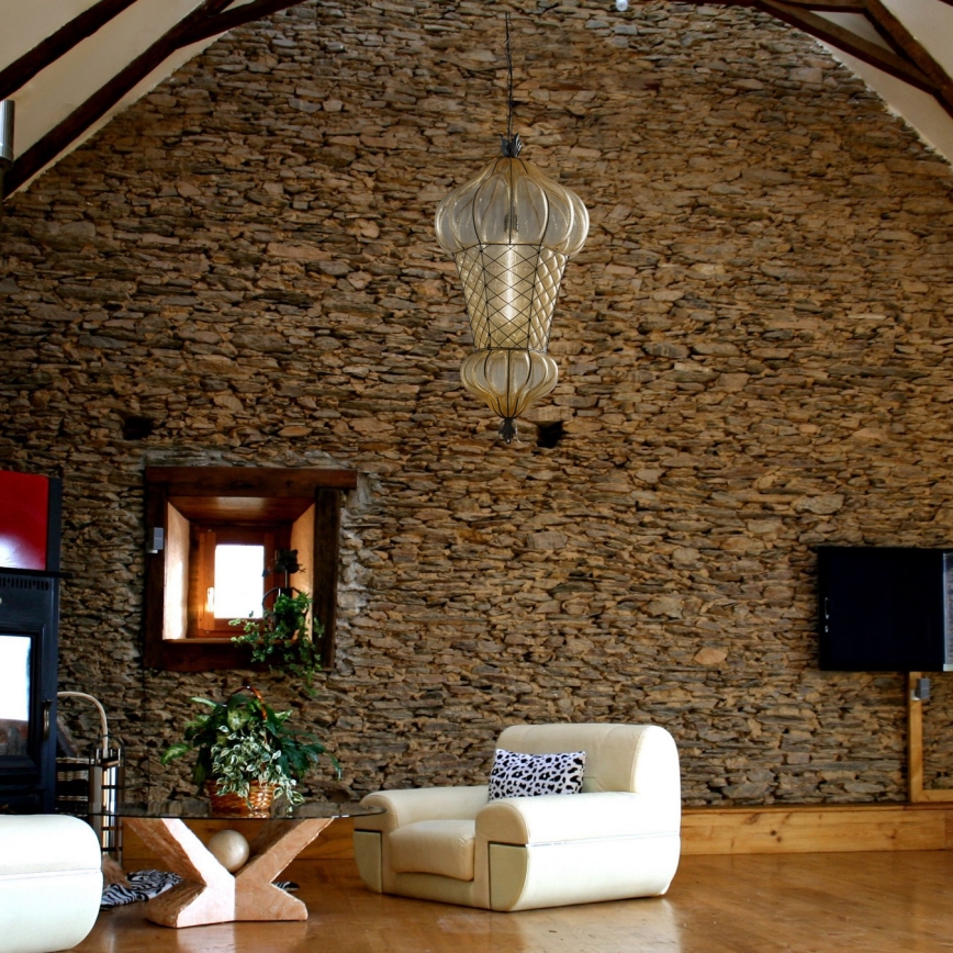 SIRU - Pendel med kædeophæng BABÀ 1xE27/60W/230V diameter 30 cm beige/brun Venetian glas