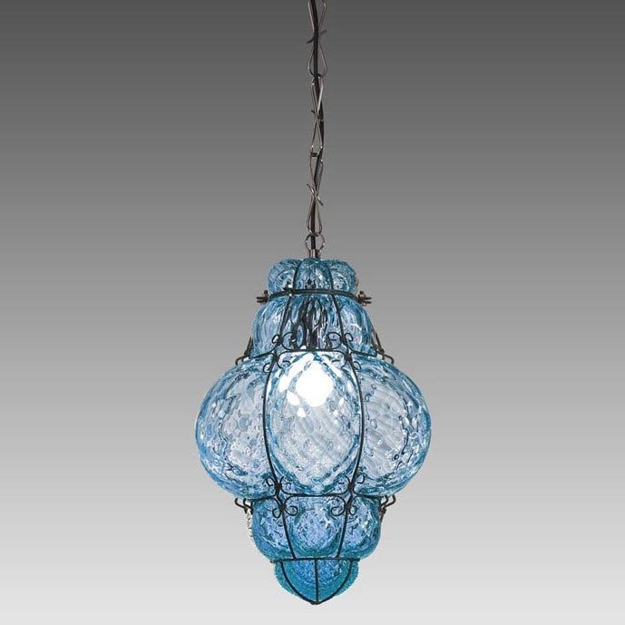 SIRU- Pendel med kædeophæng CLASSIC 1xE27/60W/230V diameter 30 cm blå/sort venetiansk glas