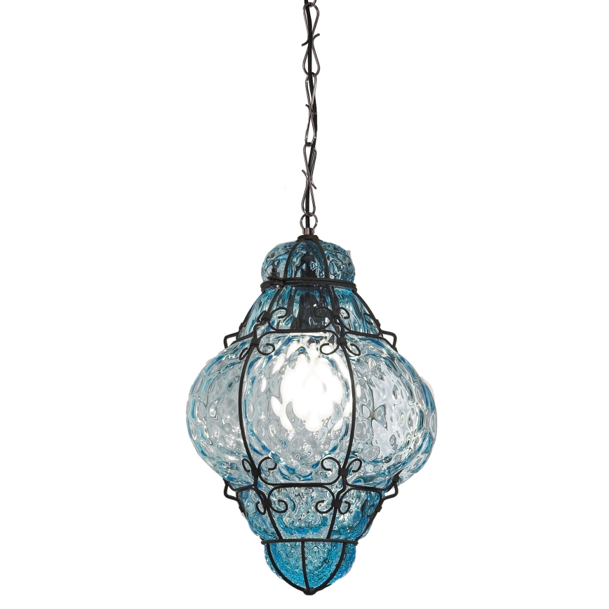 SIRU- Pendel med kædeophæng CLASSIC 1xE27/60W/230V diameter 30 cm blå/sort venetiansk glas