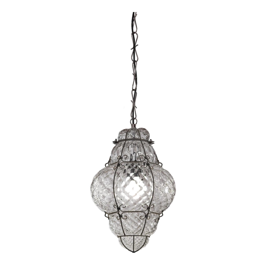 SIRU - Pendel med kædeophæng CLASSIC 1xE27/60W/230V diameter 30 cm transparent/sort Venetian glas
