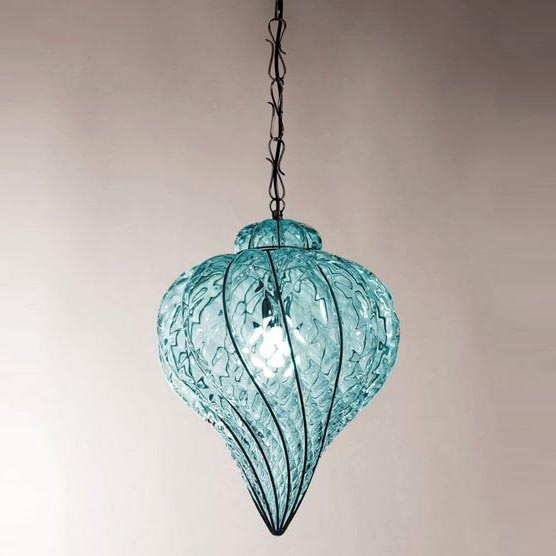 SIRU - Pendel med kædeophæng GOCCIA 1xE27/60W/230V diameter 25 cm blå/brun Venetian glas