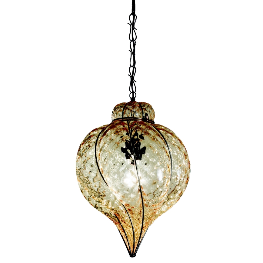 SIRU - Pendel med kædeophæng GOCCIA 1xE27/60W/230V diameter 25 cm beige/brun Venetian glas