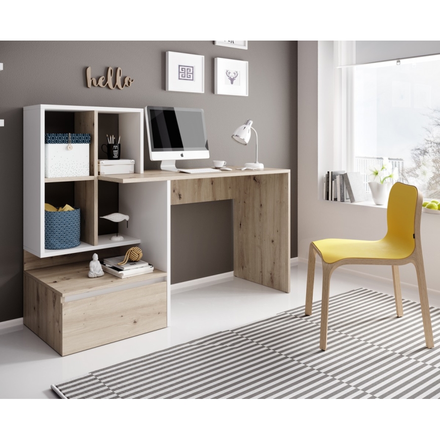 Skrivebord med hylde MARLO artisan egetræ/hvid