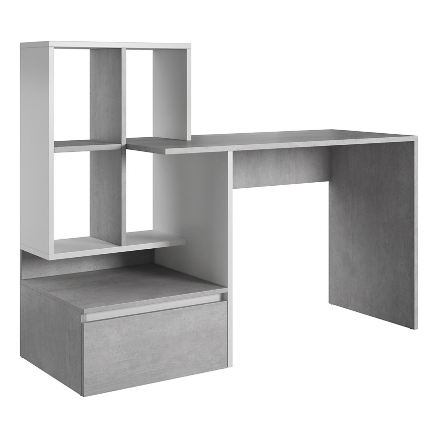 Skrivebord med hylde MARLO, betongrå/hvid
