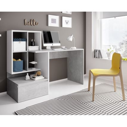 Skrivebord med hylde MARLO, betongrå/hvid
