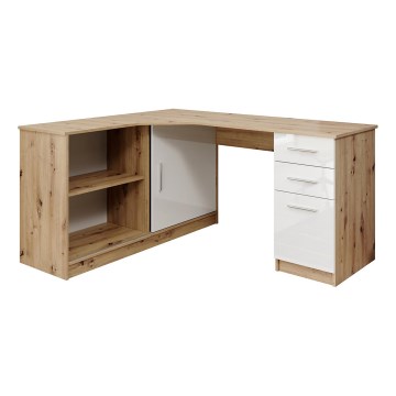 Skrivebord med hylde og skuffer ROBERTO i massivt egetræ Artisan/hvid