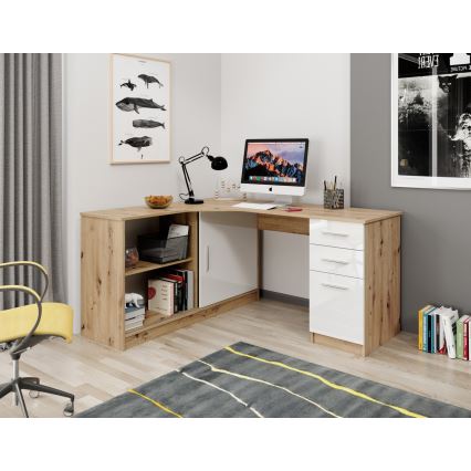 Skrivebord med hylde og skuffer ROBERTO venstrevendt 150x120 cm eg artisan/hvid