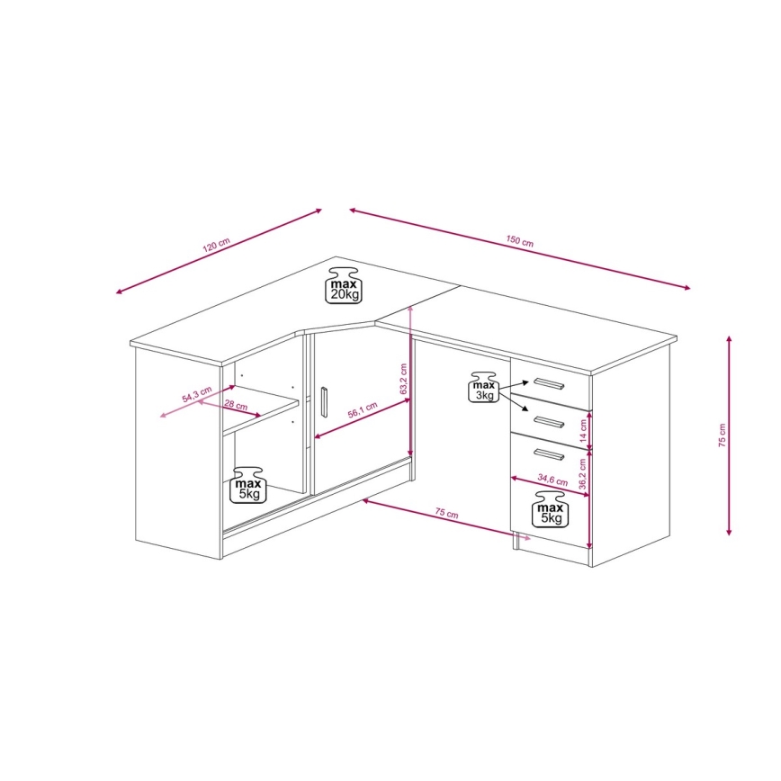 Skrivebord med hylde og skuffer ROBERTO venstrevendt artisan-eg/hvid