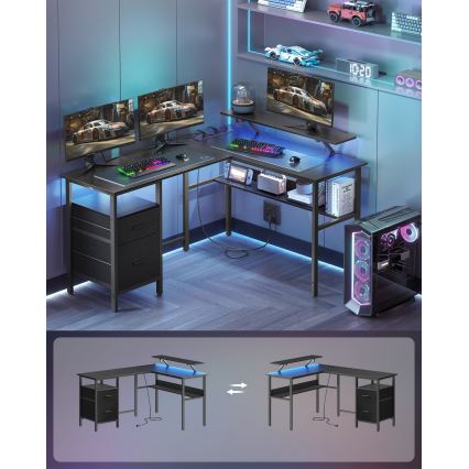 Skrivebord med LED-belysning SOLEA-X, brun/sort