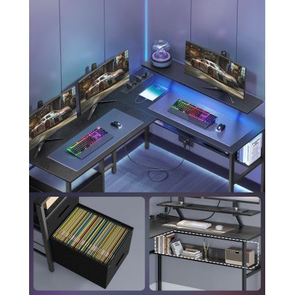 Skrivebord med LED-belysning SOLEA-X, brun/sort