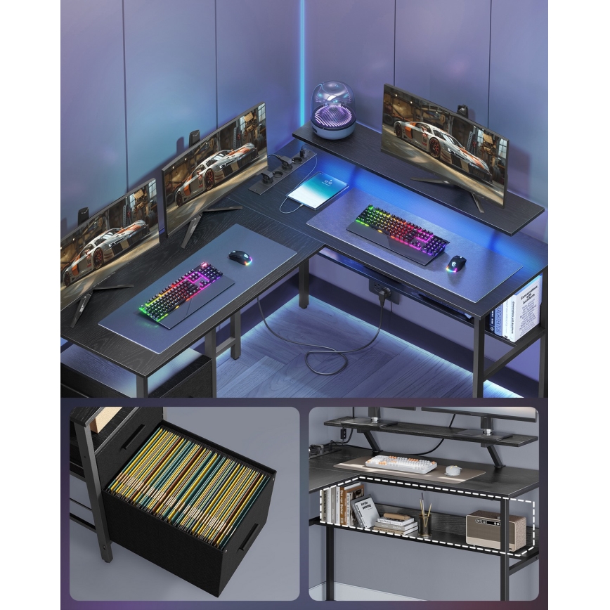 Skrivebord med LED-belysning SOLEA-X, brun/sort