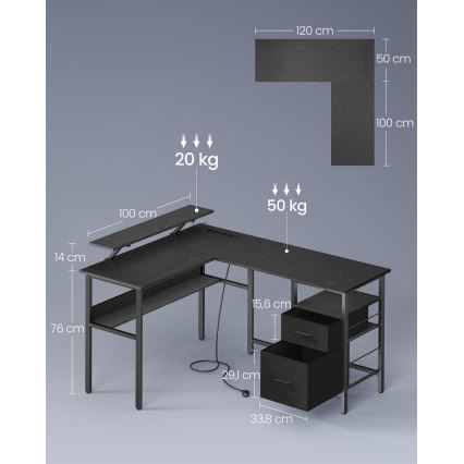 Skrivebord med LED-belysning SOLEA-X, brun/sort