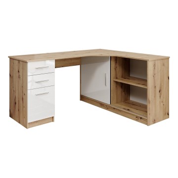 Skrivebord ROBERTO med hylde og skuffer, venstrevendt, artisan-eg/hvid