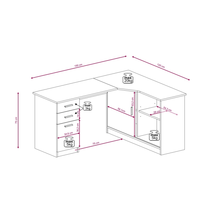 Skrivebord ROBERTO med hylde og skuffer, venstrevendt, artisan-eg/hvid