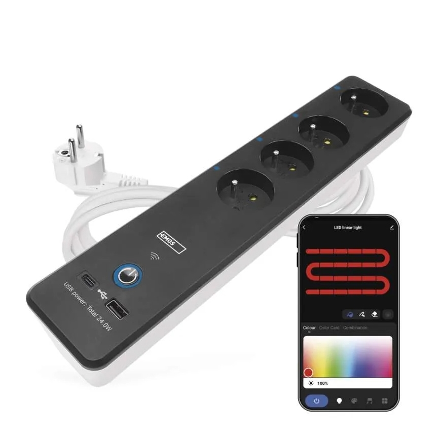 Smart forlængerkabel med kontakt GoSmart 4Z + 1xUSB-A + 1xUSB-C 2 m Wi-Fi Tuya