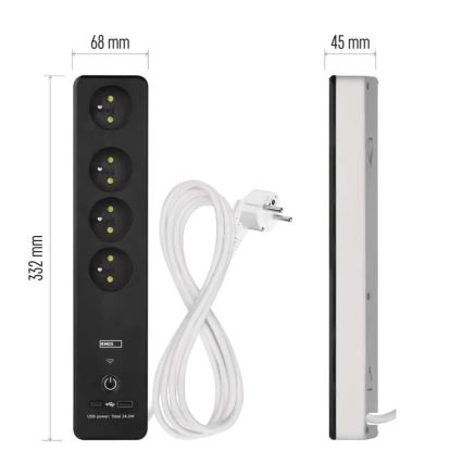 Smart forlængerkabel med kontakt GoSmart 4Z + 1xUSB-A + 1xUSB-C 2 m Wi-Fi Tuya