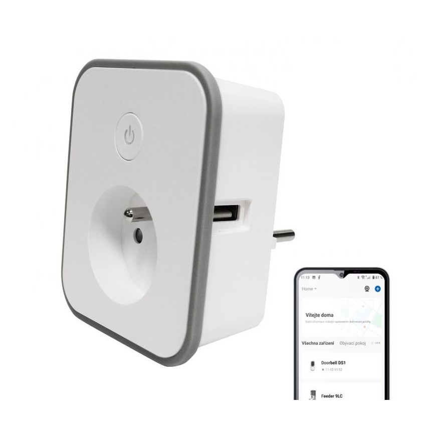 Smart-stik med forbrugsmåling 3680W/230V + 2xUSB/12W/5V Wi-Fi