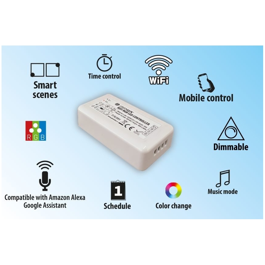 Smart Wi‑Fi-controller til RGB LED-lysstrimler 5-24V, Tuya-kompatibel