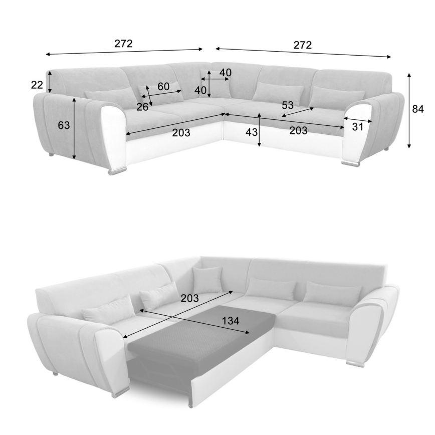 Sofa na razvlačenje u obliku slova L VISEU desna siva/bijela