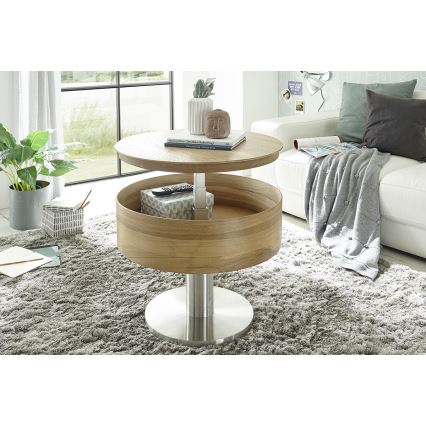 Sofabord ELEMENT med løftbar bordplade Ø 60 cm, eg/sølv
