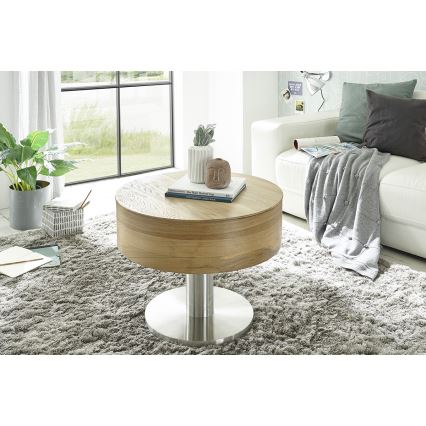 Sofabord ELEMENT med løftbar bordplade Ø 60 cm, eg/sølv