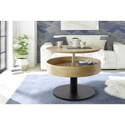 Sofabord ELEMENT med løftbar bordplade Ø 75 cm, eg/sort
