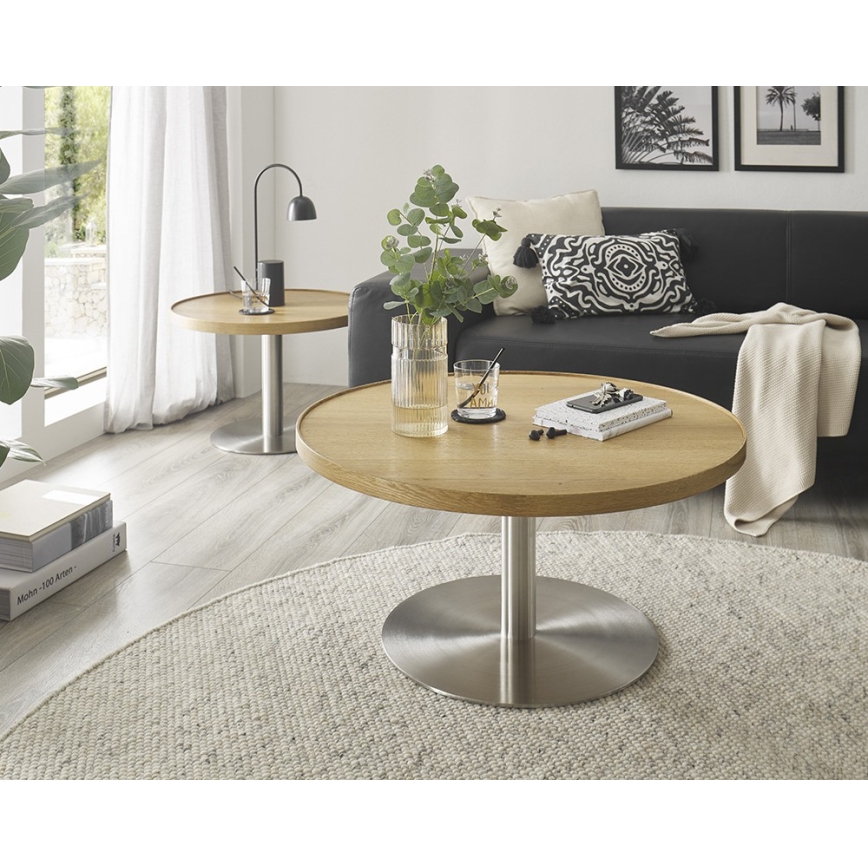 Sofabord FOCUS, Ø 80 cm, egetræ/rustfrit stål